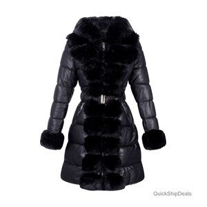 Women's Winter Puffer Coat with Fur Trim Hood, Faux Leather, Belted, Size M